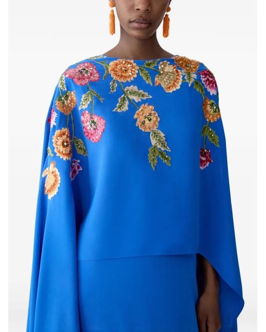 Carolina Herrera Blue Embroidered Cape-Front Caftan