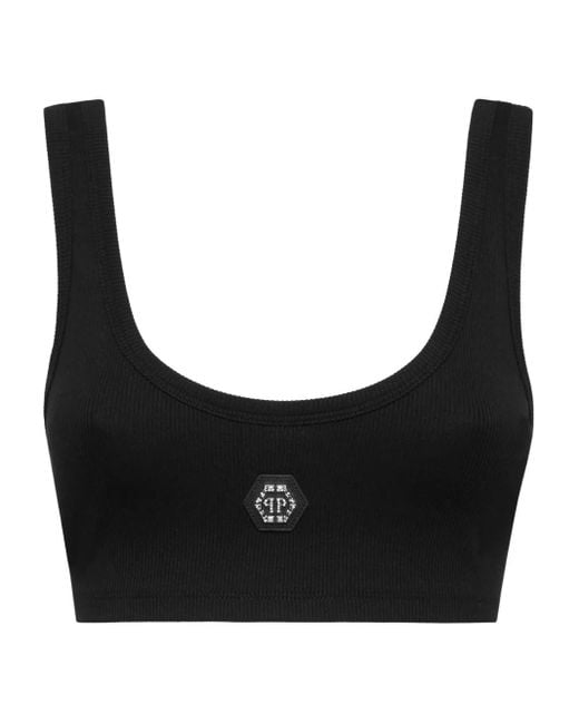 Philipp Plein Jersey Rib Cropped Tank Top in het Black