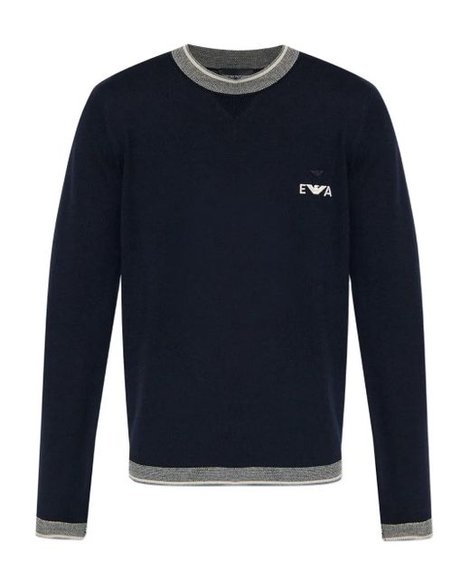 Emporio Armani Blue Embroidered-Logo Wool Sweater for men