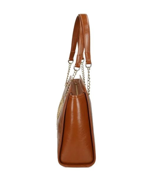 Love Moschino Brown Logo-Plaque Studded Shoulder Bag