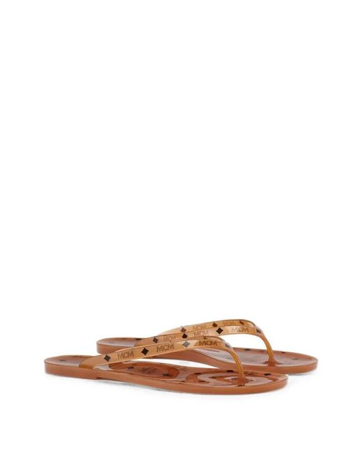 MCM Brown Visetos-Print Flip Flops