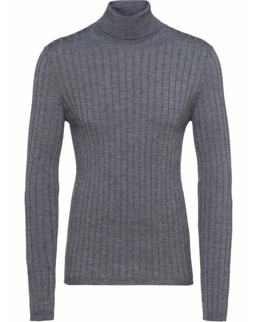 Prada Blue Ribbed Roll Neck Jumper for men