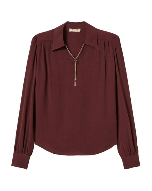 Twinset Purple Chain-Embellished Gathered Blouse