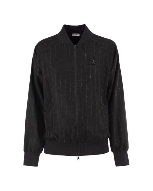 Brunello Cucinelli Black Pinstripe Zip-Up Bomber Jacket