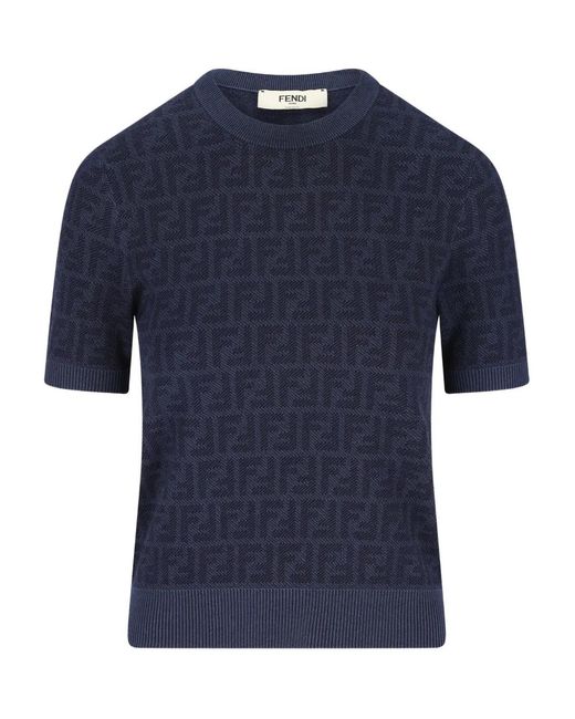 Fendi Blue Jacquard Ribbed T-Shirt