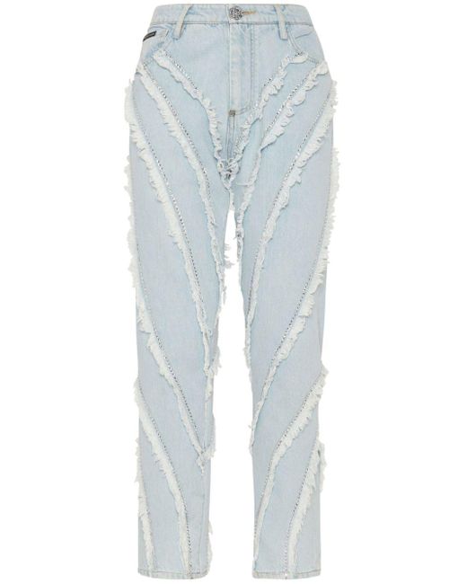 Philipp Plein Blue Distressed Rhinestone-embellished Jeans