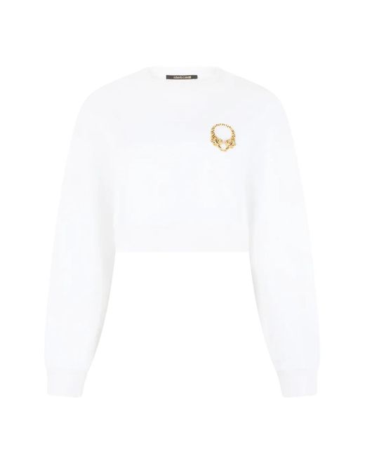Roberto Cavalli White Embellished Cropped Sweatshirt