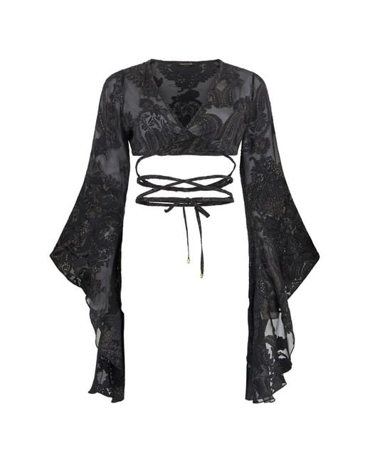Roberto Cavalli Black Floral Bell-Sleeve Blouse