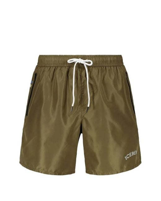Iceberg Green Military Logo-Print Stripe-Detail Swim Shorts for men