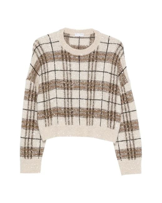 Brunello Cucinelli White Sequin-Embellished Checked Sweater