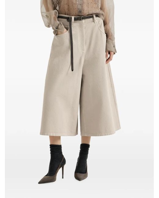 Brunello Cucinelli White Dyed Denim Wide Cropped Trousers With Monili