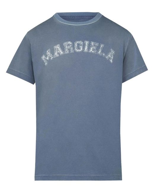 Maison Margiela Blue Logo Print Cotton Crewneck T-Shirt