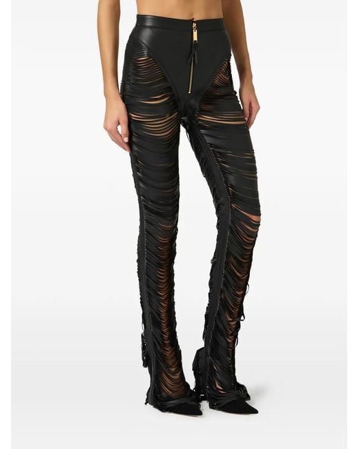 Elisabetta Franchi Black Nappa Leather Trousers With Fringes