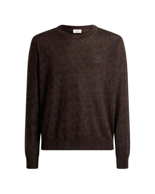 Etro Brown Wool And Silk Sweater With Floral Paisley-Motif for men