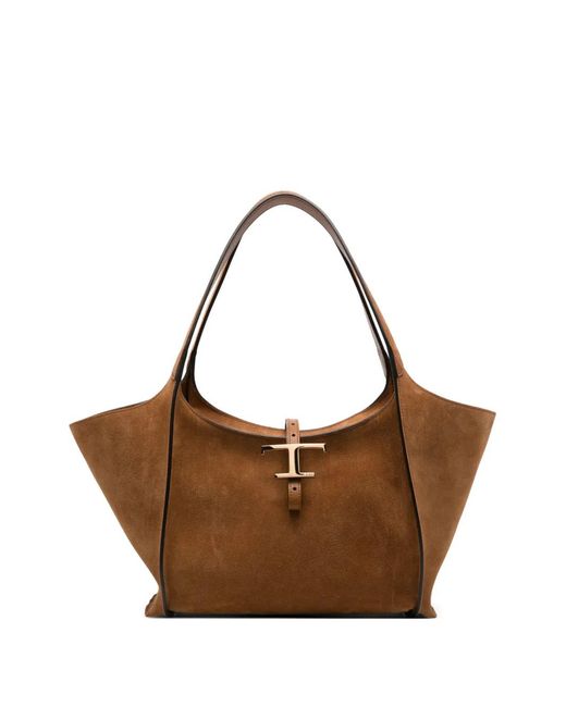 Tod's Brown T Timeless Suede Tote Bag