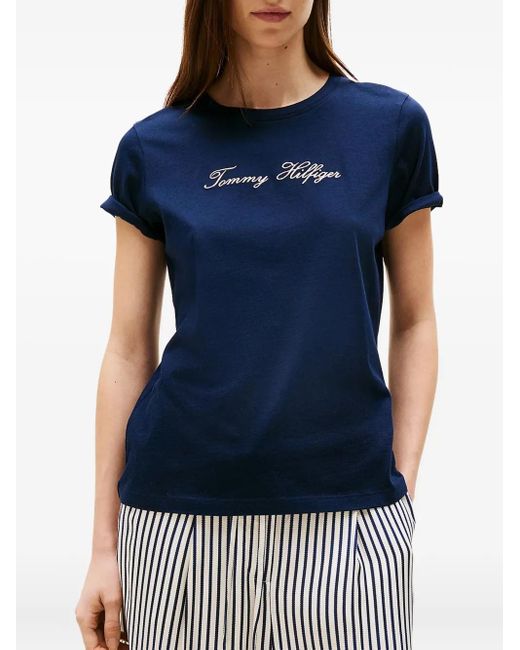 Tommy Hilfiger Blue Embroidered-Logo Cotton T-Shirt