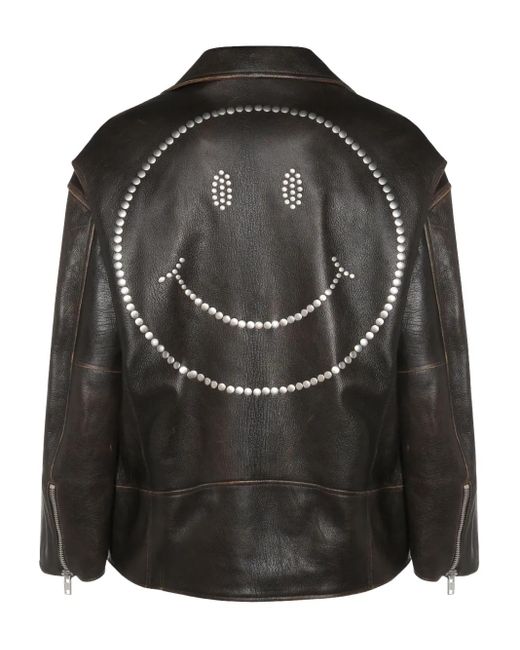 Moschino Black Smiley-Face Studded Leather Jacket for men