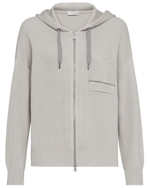 Brunello Cucinelli Gray Ribbed Cotton Hoodie