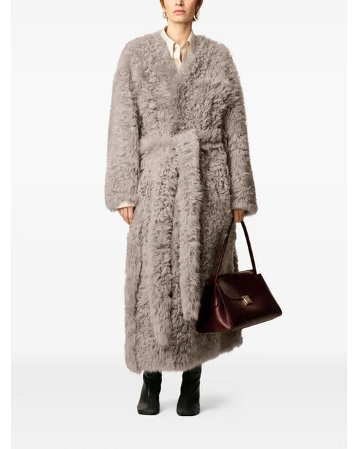 AMI White Shearling Belted Coat