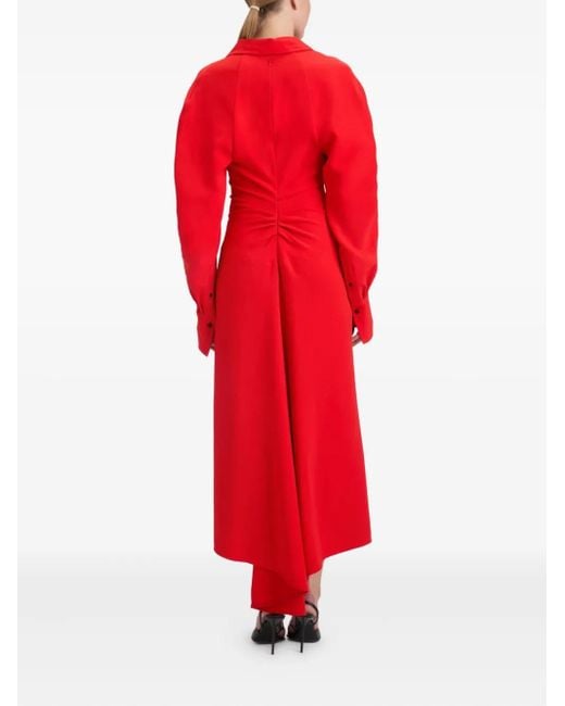 Victoria Beckham Red Long-Sleeve Polo-Collar Midi Dress