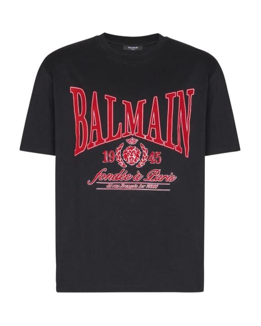 Balmain Black Cotton Flocked College Print T-Shirt for men