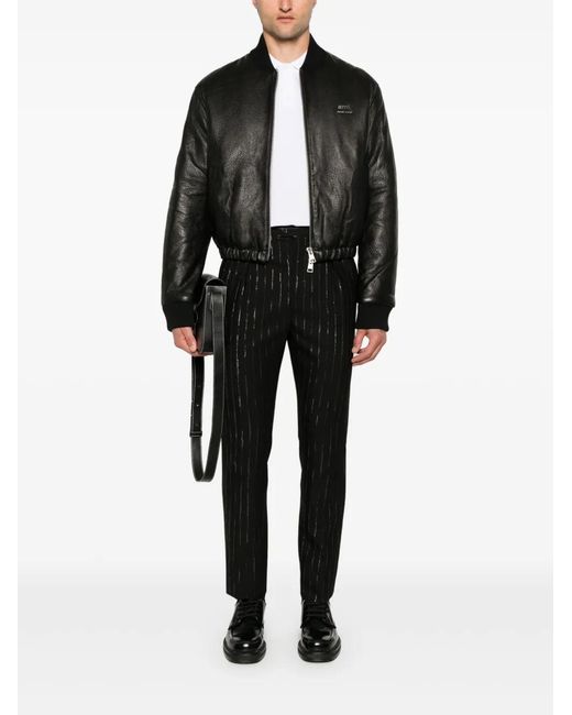 AMI Black Collarless Calf Leather Jacket for men