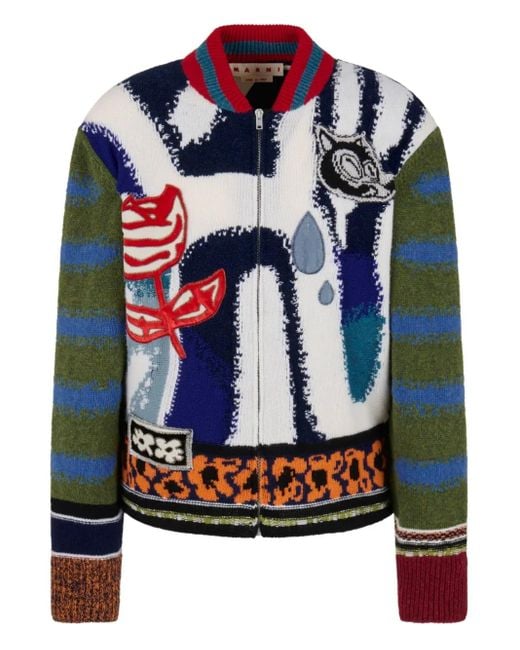 Marni Blue Graphic-Knitted Cardigan for men
