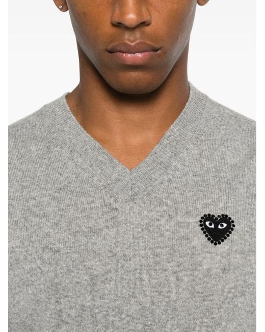 COMME DES GARÇONS PLAY Gray Heart-Embellished V-Neck Sweater