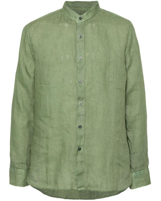 120% Lino Green Band-collar Linen Shirt for men