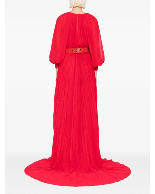 Saiid Kobeisy Red Pleated Puff-Sleeve Dress