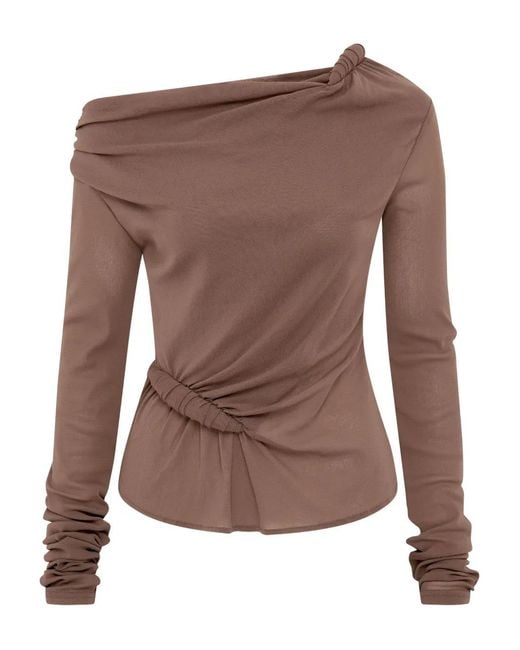 Paris Georgia Brown Croissant Long-Sleeve Knot-Detail Top
