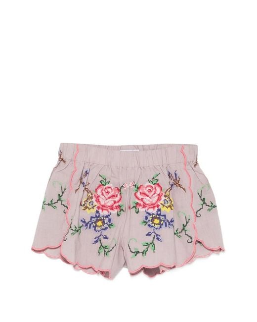 ORSINA Pink Floral-Embroidered Scalloped Shorts