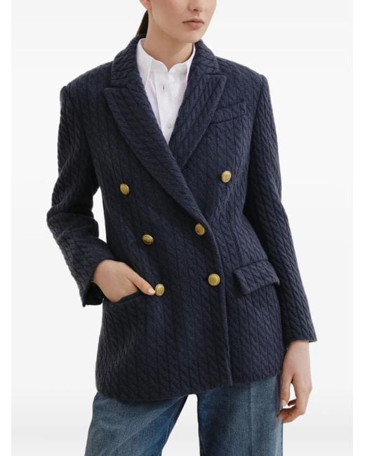 Brunello Cucinelli Blue Double-Breasted Textured Blazer