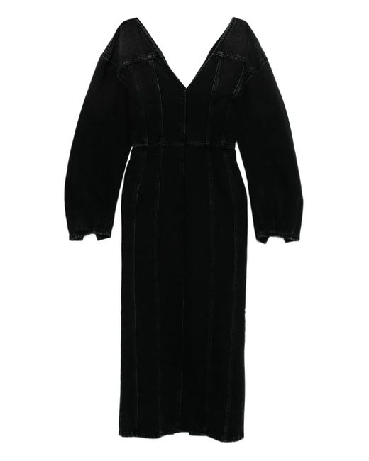Haikure Black V-Neck Puff-Sleeve Midi Dress