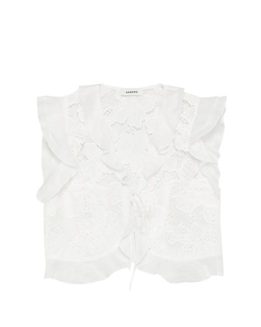 Sandro White Guipure-Lace Ruffled Blouse