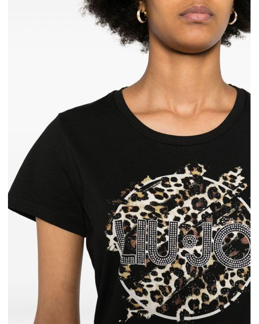 Liu Jo Black Rhinestone-logo Leopard T-shirt