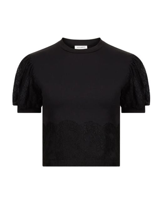 Nina Ricci Black Lace-Trimmed Puff-Sleeve Top