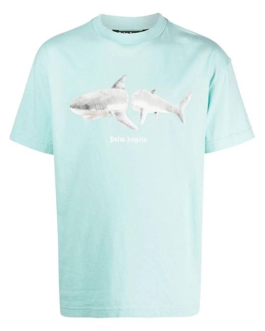 Palm Angels Blue Shark-print Organic Cotton T-shirt for men