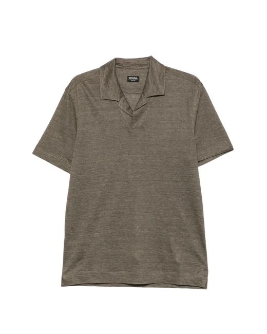 Zegna Gray Linen V-Neck Polo Shirt For for men