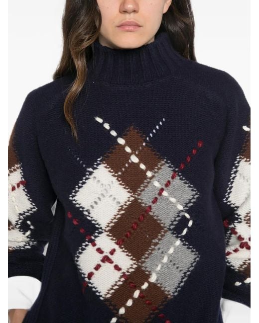 ERMANNO FIRENZE Blue Argyle-Knit High-Neck Knit