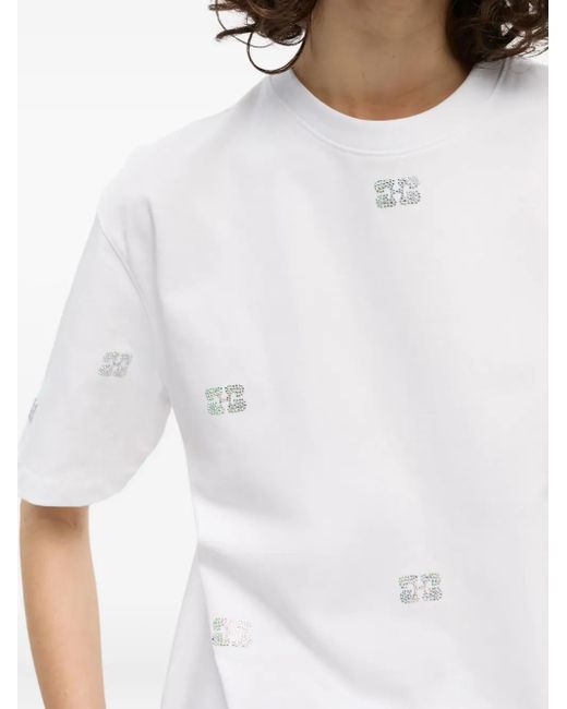 Ganni White Rhinestone-Embellished Cotton T-Shirt