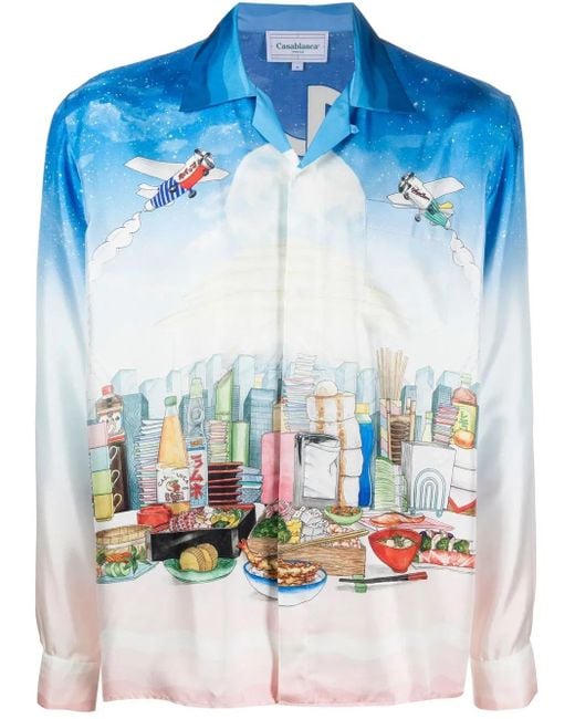 Camicia Casa Cafe Con Stampa di Casablanca in Blue da Uomo