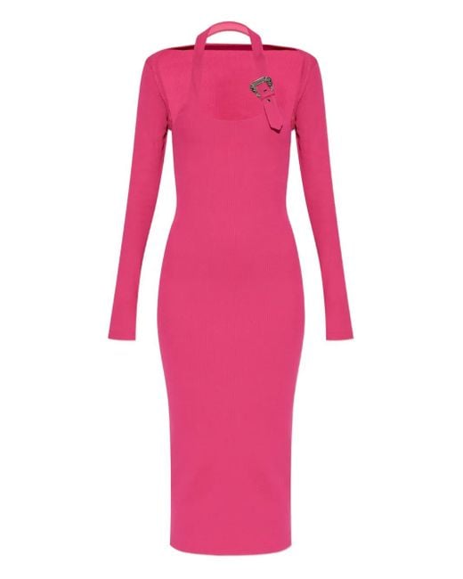 Versace Jeans Couture Pink Baroque-Buckle-Embellished Ribbed Midi Dress