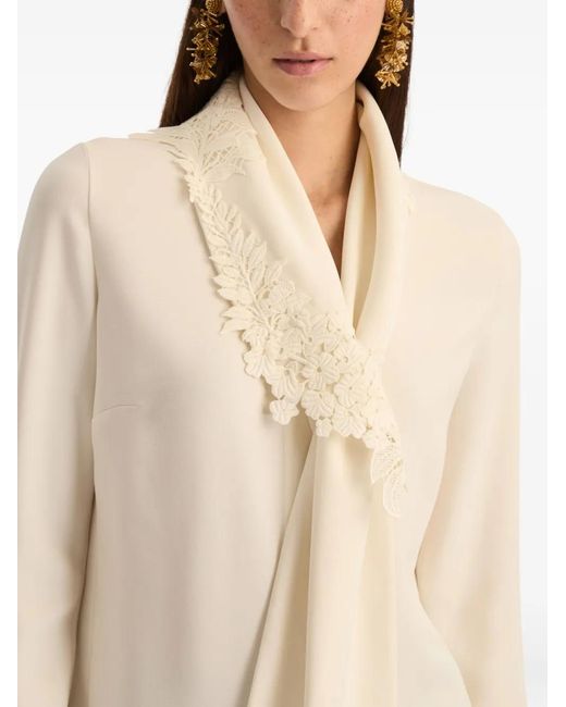 Oscar de la Renta White Tie-Neck Georgette Blouse