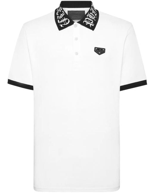 Philipp Plein White Logo-Plaque Cotton Polo Shirt for men