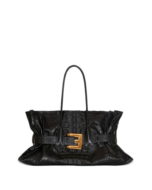 Balmain Black Xl Anthem Embossed-Crocodile Buckle Tote Bag