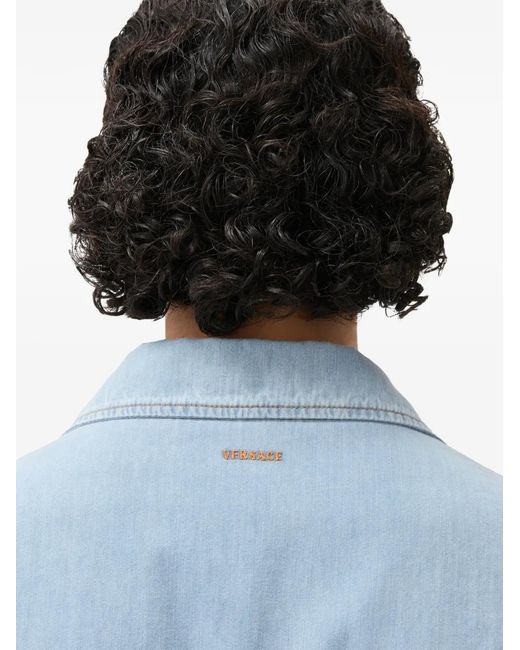 Versace Blue Embroidered-Logo Denim Cotton Shirt for men