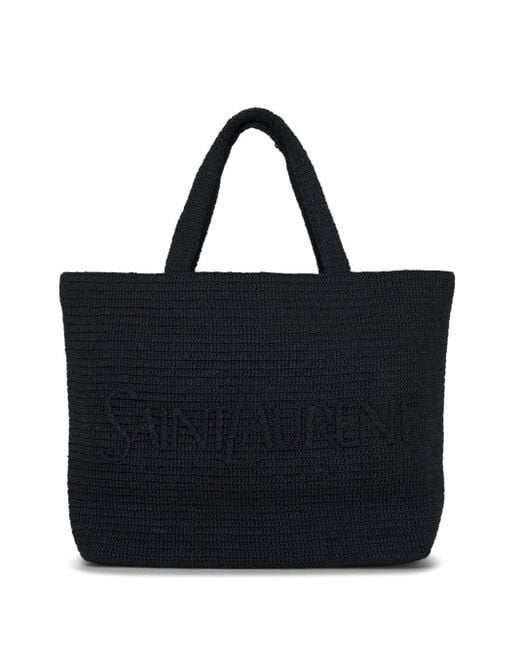 Saint Laurent Black Crochet Raffia Tote Bag In