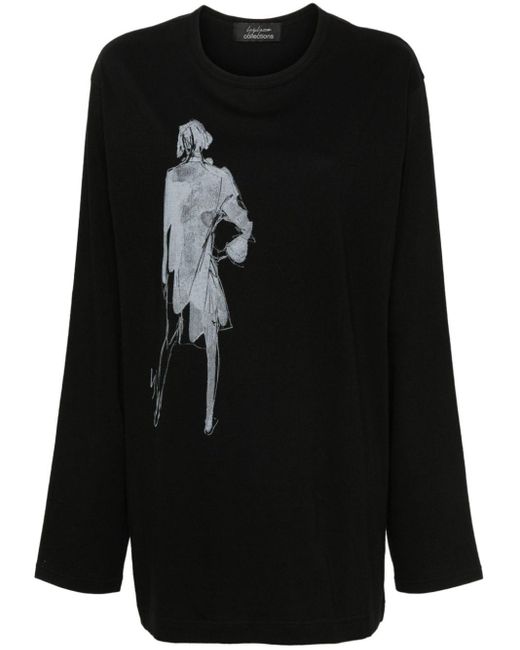 Yohji Yamamoto Black Langarmshirt mit grafischem Print