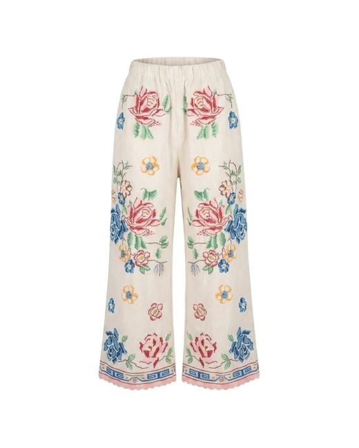 ORSINA White Floral-Embroidered Trousers